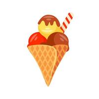 Delicious ice cream scoops of different flavors with chocolate topping in waffle cone is melting vector