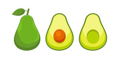 Whole avocado, avocado half with seed, avocado half without seed showing different stages vector