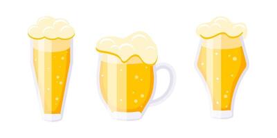 Three glasses of refreshing beer with overflowing foam are showing different shapes and sizes vector