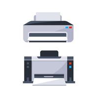 Two gray printers printing documents on white background vector