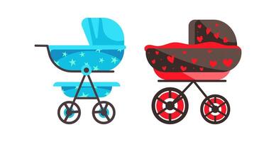 Two empty baby strollers, decorated with stars and hearts respectively, ready for a walk in the park vector