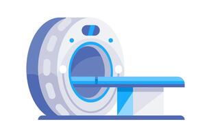 Modern medical equipment performing magnetic resonance imaging with empty gurney vector