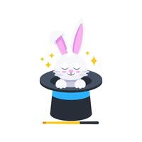 White rabbit appearing from magician top hat with magic wand and sparkles vector