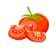 Fresh red tomato with two slices showing seeds and green stem vector