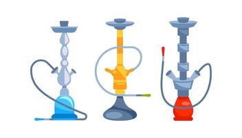 Hookahs standing on white background with colorful pipes and hoses vector