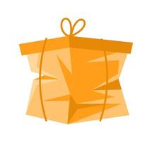 Poorly wrapped gift box with orange wrapping paper and string vector
