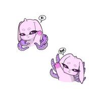 A set of two pink bunny with octopus tentacles growing from its back, one waving hello and the other saying goodbye. A whimsical and surreal character design vector