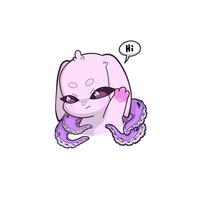 A surreal pink bunny with octopus tentacles instead of ears, raising one tentacle in a friendly greeting gesture. The character stands against a neutral background, blending whimsical charm vector