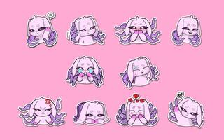 A set of ten stickers featuring a pink bunny with octopus tentacles growing from its back, each expressing a different emotion or gesture vector