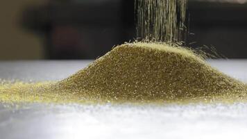 Golden abrasive grains falling in slow motion, detailed macro view of industrial material in movement video