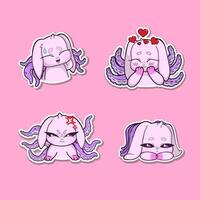 A set of four stickers featuring a pink bunny with octopus tentacles growing from its back, each displaying a different emotion. Embarrassed, angry, sad, and affection vector