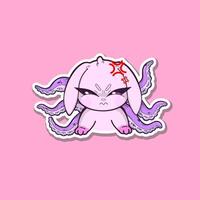 A surreal sticker. Pink bunny with octopus tentacles, displaying a furious and intense expression. Its eyes are narrowed, and its posture radiates anger and tension. Set against a neutral background vector