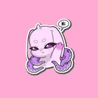 A surreal sticker. Pink bunny with octopus tentacles, raising one tentacle in a friendly greeting gesture. The character stands against a neutral background vector