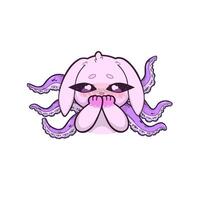A surreal pink bunny with octopus tentacles, showing an intensely embarrassed expression. The characters body language and facial features convey awkwardness and discomfort, set against a plain. vector