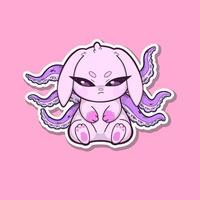 A sticker. Pink bunny with octopus tentacles growing from its back, standing against a neutral background. A surreal and whimsical character design. vector