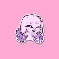 Cute sticker. Bunny-octopus hybrid character with a cheeky, mischievous smile and playful expression. Adorable cartoon style illustration featuring pastel colors, soft shading, and clean lines vector