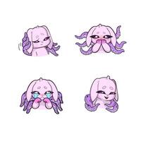 A set of four stickers. Pink bunny with octopus tentacles growing from its back, each displaying a different emotion. A whimsical and surreal character design. vector