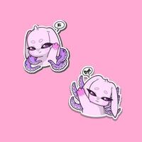 A set of two stickers featuring a pink bunny with octopus tentacles growing from its back, one waving hello and the other saying goodbye. A whimsical and surreal character design vector