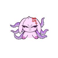 A surreal pink bunny with octopus tentacles, displaying a furious and intense expression. vector
