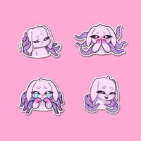 A set of four stickers featuring a pink bunny with octopus tentacles growing from its back, each displaying a different emotion vector