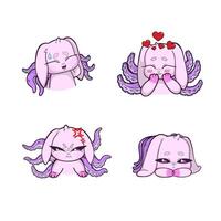 A set of four pink bunny with octopus tentacles growing from its back, each displaying a different emotion. vector