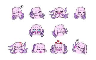 A set of ten pink bunny with octopus tentacles growing from its back, each expressing a different emotion or gesture vector