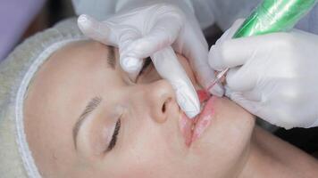 Permanent lip makeup procedure in progress, beautician in gloves applying pigment with precision tool video