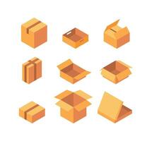 Set of nine isometric cardboard boxes representing packaging for shipping and storing goods vector