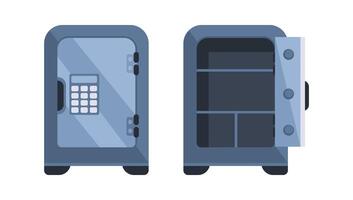 Closed and Opened Metal Safe Box with Empty Shelves and Electronic Lock vector