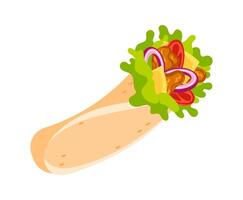 Delicious chicken wrap with fresh vegetables and cheese filling isolated on white background vector