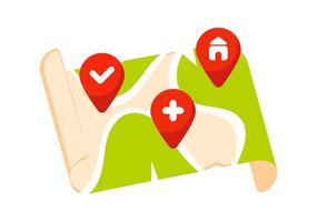 Map with red location pins showing check, plus and house symbols vector