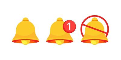Notification bells showing different status, inactive, active with one notification, and silenced vector