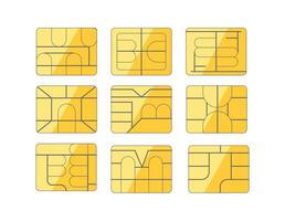 Sim card chips showing different integrated circuit patterns for mobile phone vector