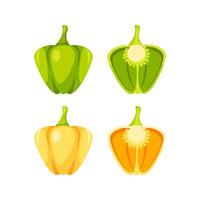 Green and Yellow Bell Peppers, Whole and Halved, Showing Seeds and Stems vector