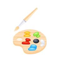 Paintbrush hovering over wooden palette with colorful blobs of paint vector