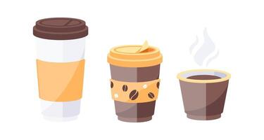Three variations of disposable coffee cups showing different stages of use vector