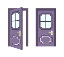 Purple door opening, showing an empty doorway, entry or exit, closed door version included vector