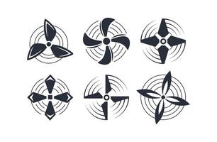 Six black stylized propellers rotating and creating circular waves vector