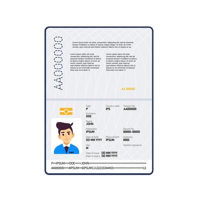 Open passport with personal information and photo of John Doe, identification document for international travel