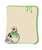 Green and beige text frame with a skull with smiling flowers. Grungy and surreal design. vector