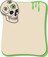 Green and beige text frame with a skull with green eyes. Grungy and surreal design. vector