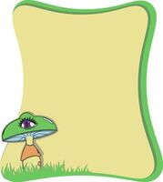 Green and beige text frame featuring a whimsical mushroom with an embedded eye. Surreal and organic design. vector