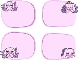 Set of pastel pink text frames featuring a sly bunny with tentacles growing from its back. Whimsical and surreal style. vector