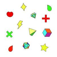 Set of abstract icons and symbols. Collection includes geometric shapes, 3D cubes, gems, drops, stars, and lightning bolts. Modern cartoon-style illustrations on white background. vector