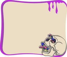 Purple and beige text frame with a skull with blue and pink mushrooms. Grungy and surreal design. vector