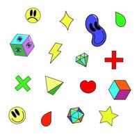 Set of colorful abstract icons and symbols. Collection includes geometric shapes, emotive faces, 3D cubes, gems, drops, stars, and lightning bolts. Modern cartoon-style illustrations vector