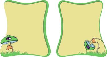 Two green and beige text frames featuring a whimsical mushroom with an embedded eye. Surreal and organic design. vector
