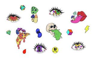 Set of psychedelic illustration, abstract icons and symbols. Collection of colorful eyes, skulls, 3D cubes, mushroom, lips. vector