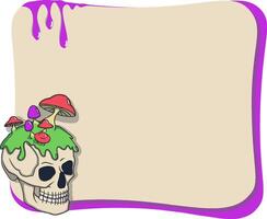 Purple and beige text frame with a skull with mushrooms. Grungy and surreal design. vector