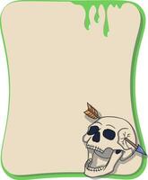 Green and beige text frame with a skull pierced by an arrow. Grungy and surreal design. vector